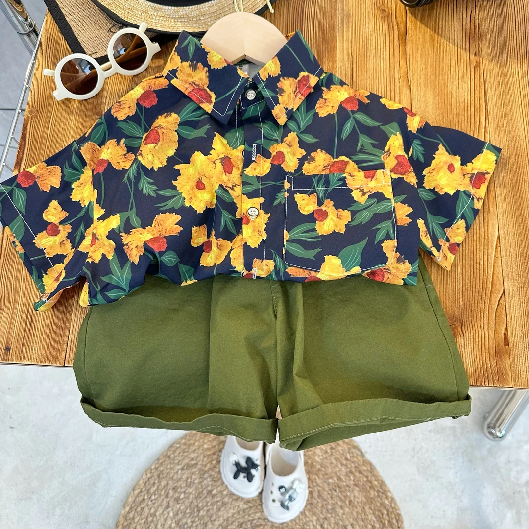 《多巴胺穿搭》夏款男女童复古黄色大花朵图短袖洋气宝宝花衬衣