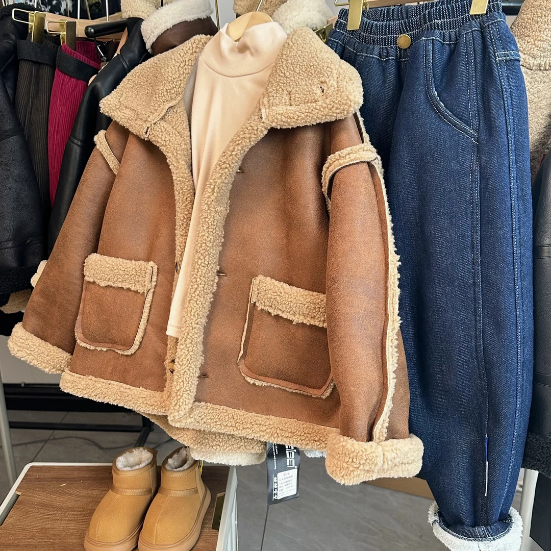 新款男女童时髦皮毛一体儿童秋冬装加绒外套机车服保暖