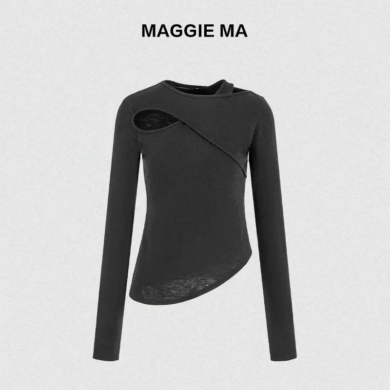 MAGGIEMA马婧设计师款黑色交叉修身通勤显瘦上衣打底衫796S