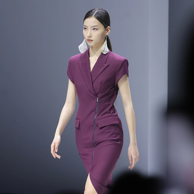 MAGGIE MA设计师款LADY时髦绛紫色拉链西装裙687D