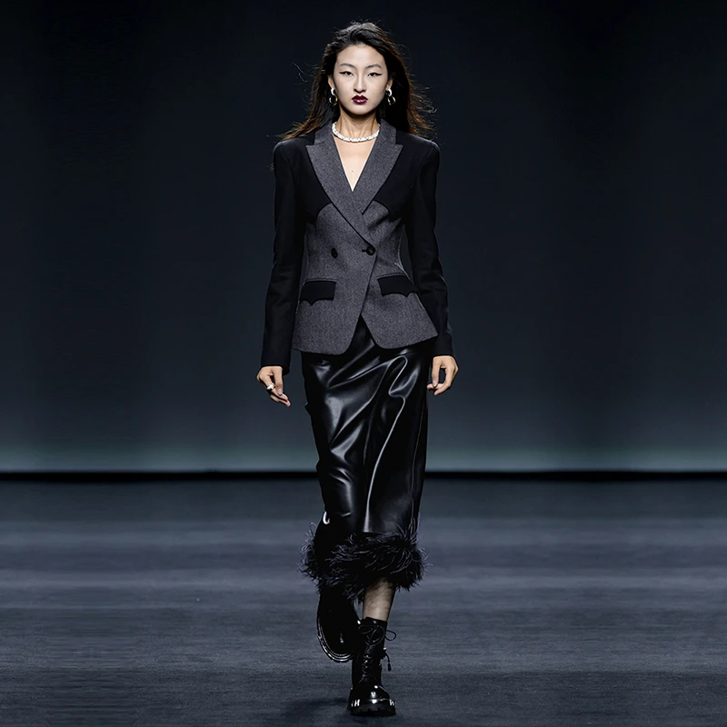 【蛋白皮】MAGGIE MA马婧半身裙拼接毛毛PU显瘦一步裙包臀皮裙028B