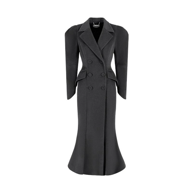 MAGGIE MA 马婧设计师款黑色气质修身立裁时髦穿搭长款外套717C