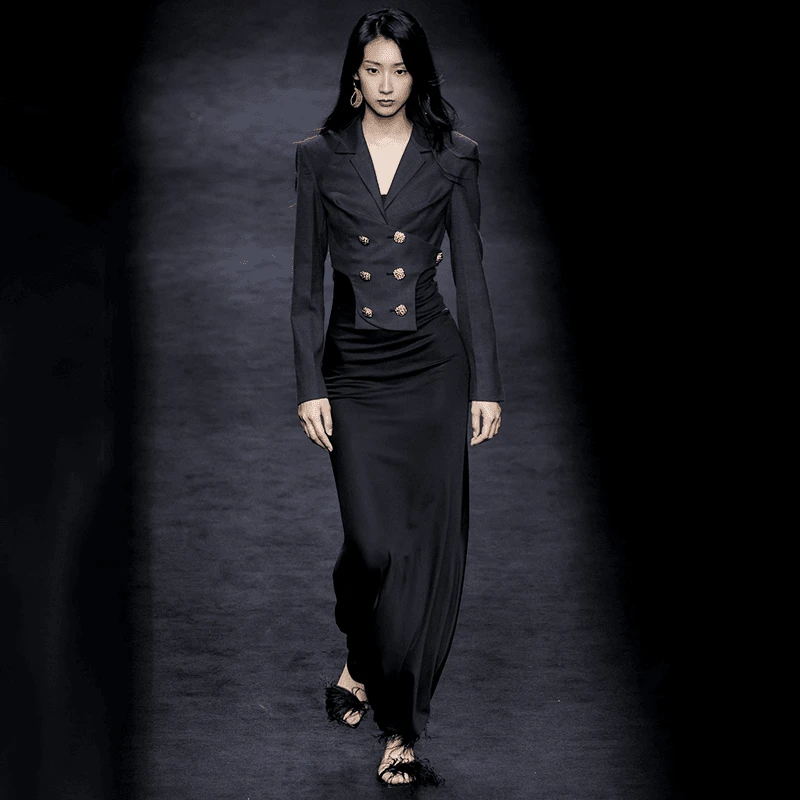 MAGGIE MA设计师款石岩暗灰金属巴洛克纽扣设计高腰西装901S