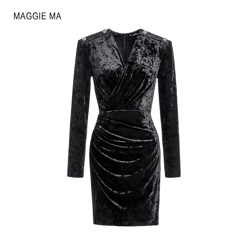 MAGGIEMA马婧赫本风小个子法式捏褶迷人丝绒连衣裙116D
