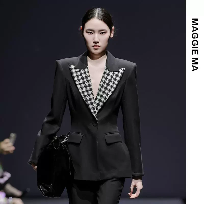 MAGGIE MA马婧设计师款复古格纹领拼接修身通勤西装431C