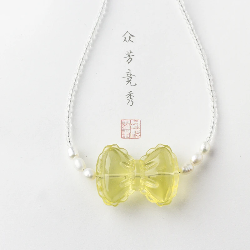 【木槿槿】天然黄水晶蝴蝶结吊坠——KQ1189气质百搭小众简约闺蜜时尚