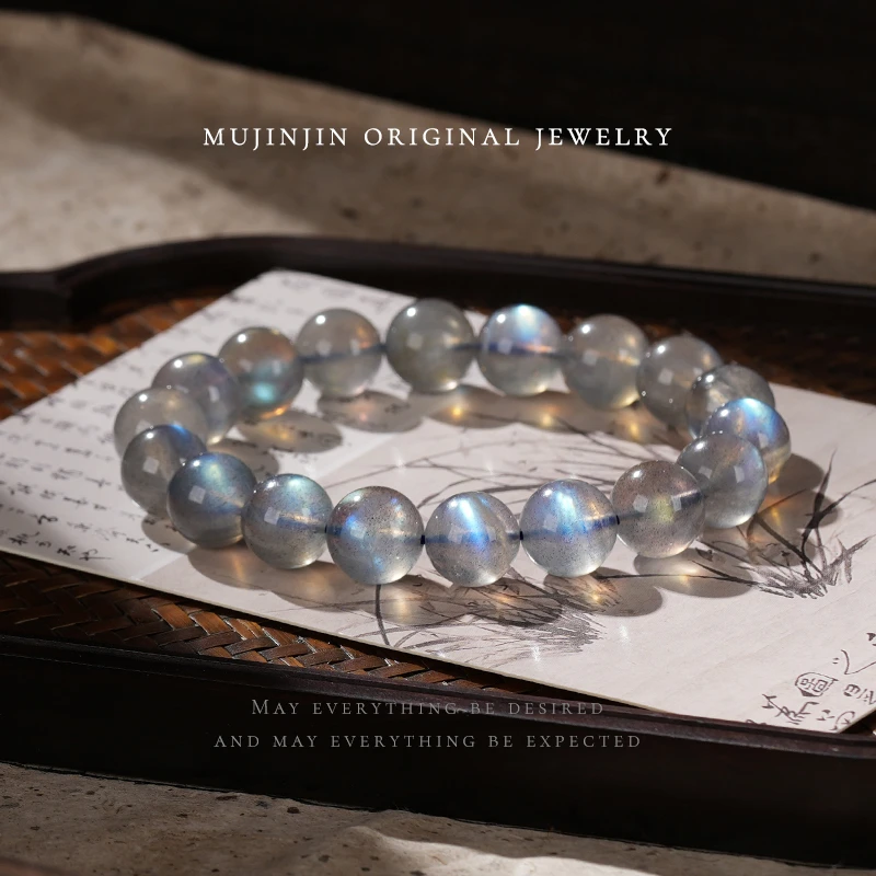 【木槿槿】天然灰月光手串女款圆珠手链单圈时尚手饰品送女朋友礼物