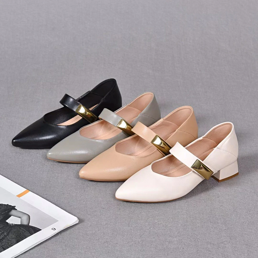 尖头浅口单鞋女2024春夏新款一字带玛丽珍鞋真皮低跟一脚蹬平底鞋