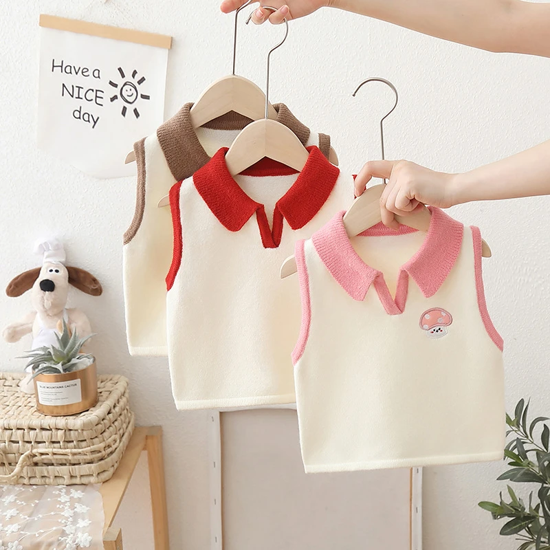 女童毛衣背心2024新款卡通蘑菇洋气宝宝秋装婴儿童针织马甲薄polo