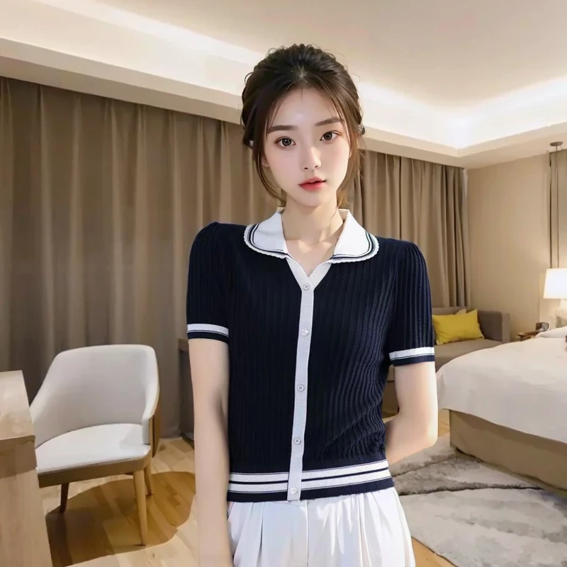 百搭撞色学院风POLO领针织衫夏季新款娃娃领短袖T恤翻领短款上衣