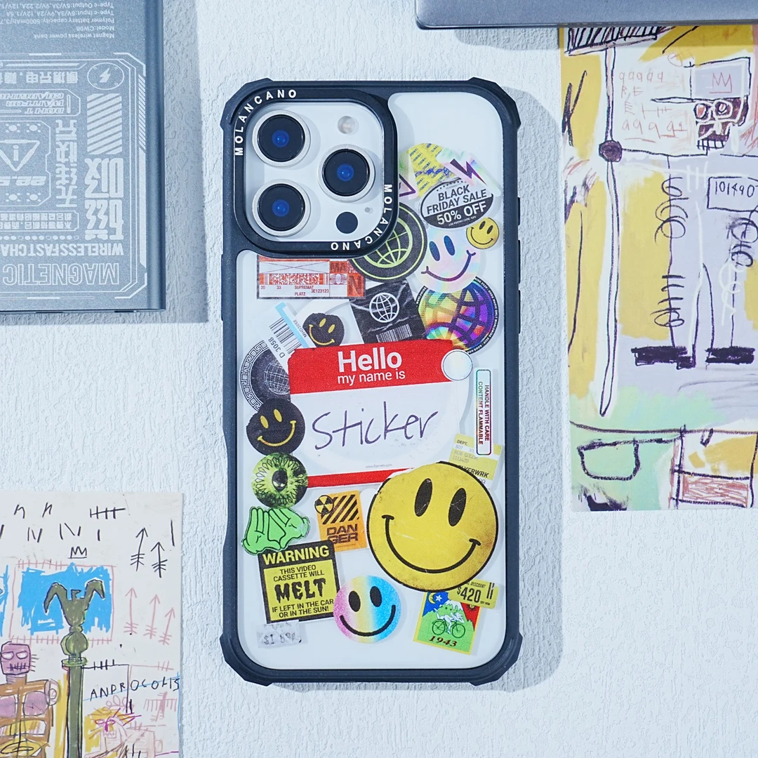 MOLAN CANO潮牌笑脸贴纸防摔适用于iphone16promax1514磁吸手机壳