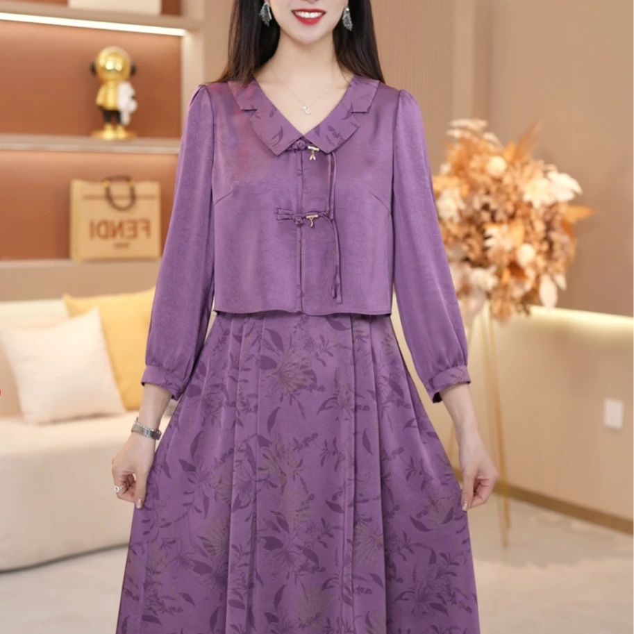 【SJYC098】春季新款连衣裙中长款气质中式收腰印花修身女装连衣裙