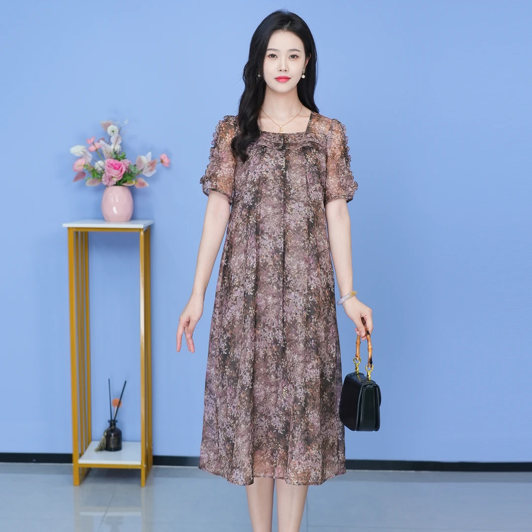 【SJYF1516】夏季新款连衣裙中长款气质中式收腰印花修身女装连衣裙