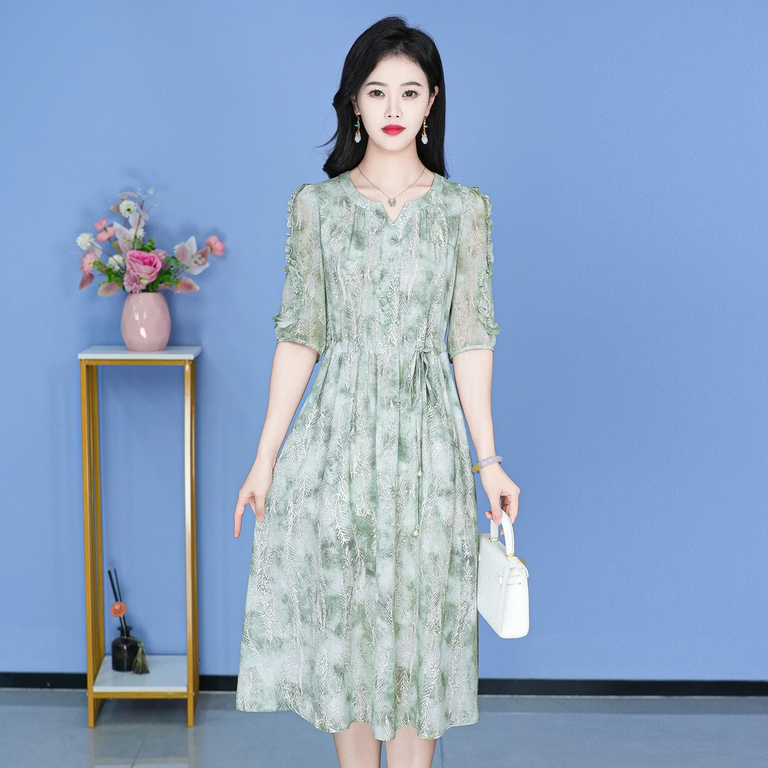 【SJYF972】夏季新款连衣裙中长款气质中式收腰印花修身女装连衣裙