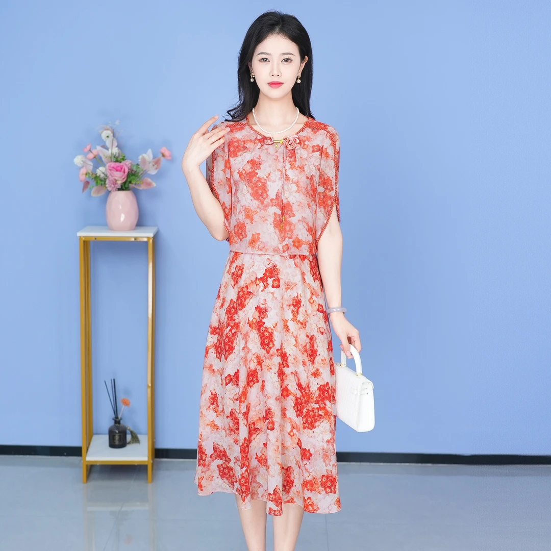 【SJYF095】夏季新款连衣裙中长款气质中式收腰印花修身女装连衣裙