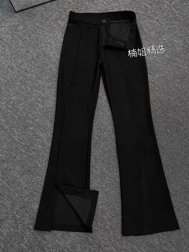 楠姐余熙2025黑色微喇休闲裤秋季新款修身显瘦高腰开叉喇叭裤女