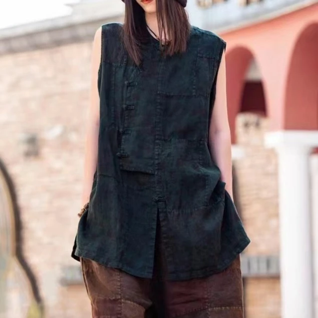 原创麻依者亚麻植染长款拼接盘扣马甲2023夏1052【新款】