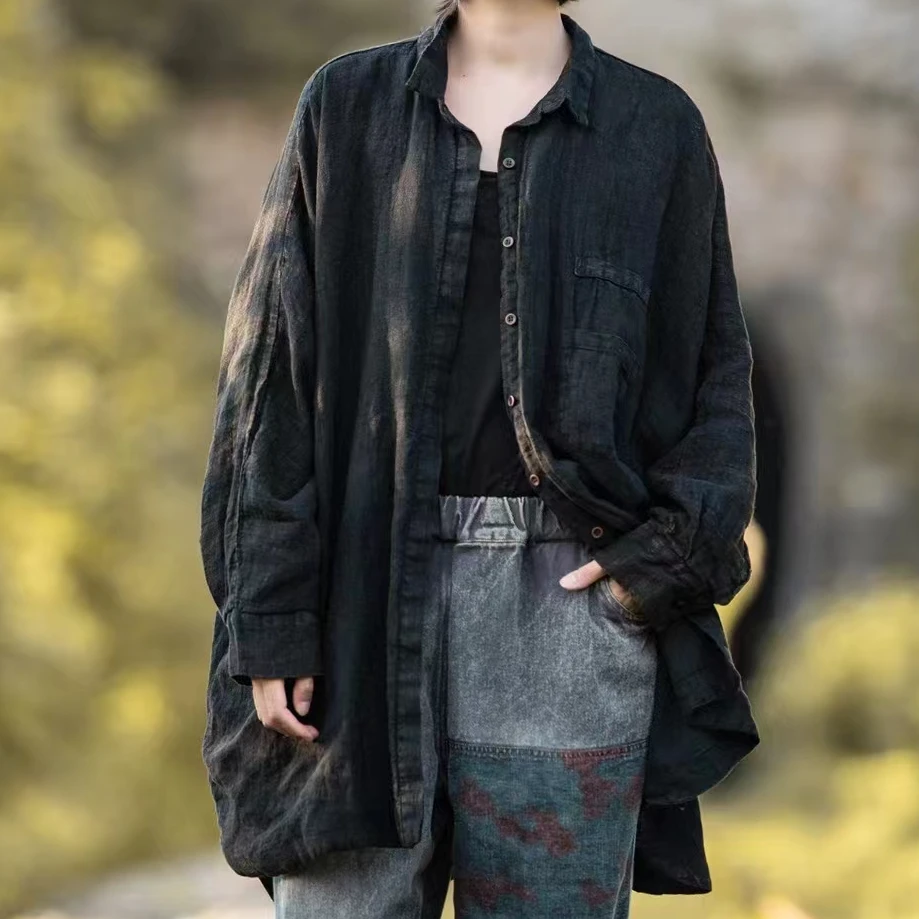 原创麻依者亚麻做旧双层中长款衬衣2022秋828款