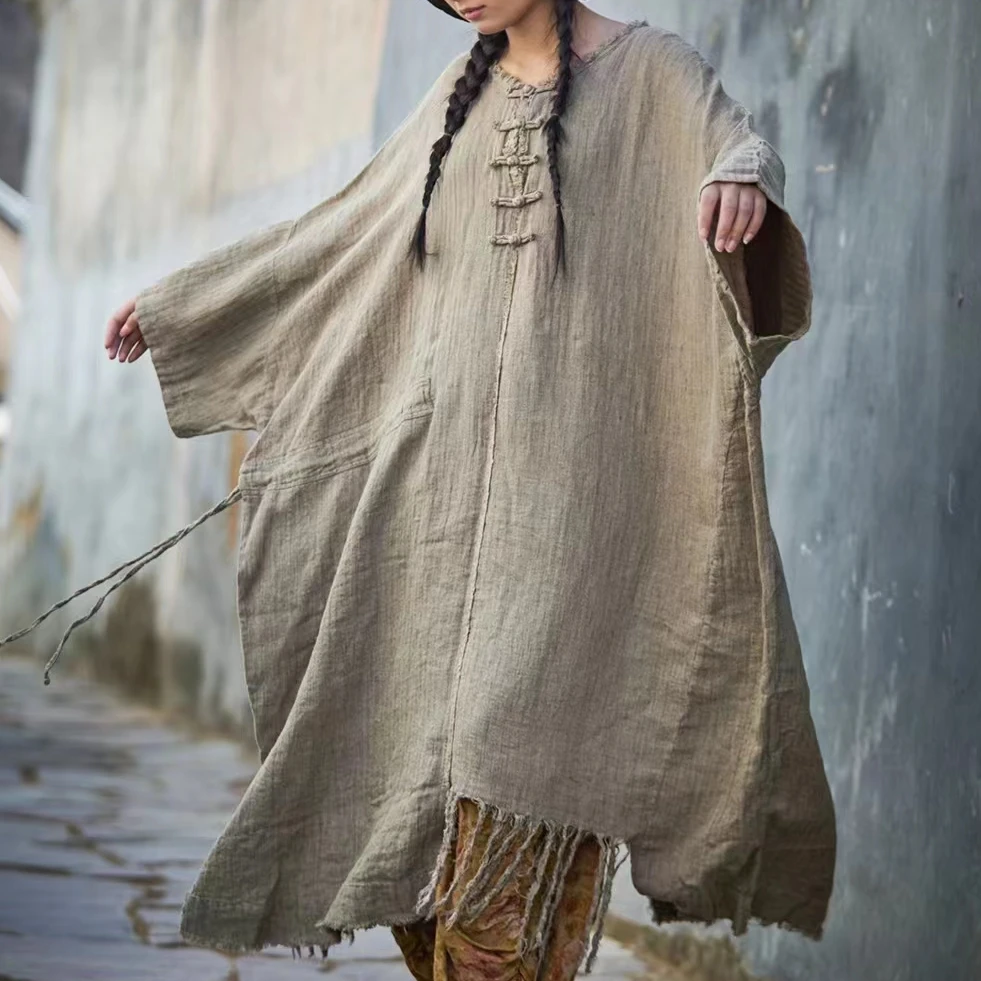 原创麻依者色织亚麻做旧盘扣不对称流苏长款袍子2024夏1275