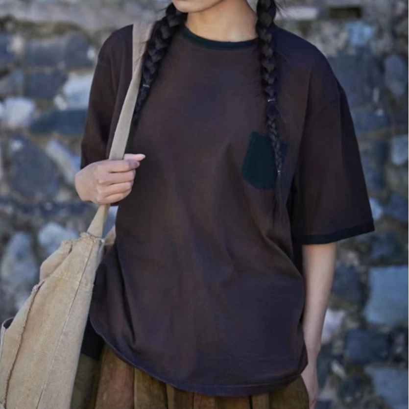 原创麻依者纯棉手工雪花做旧圆领短袖T恤2024夏款1248