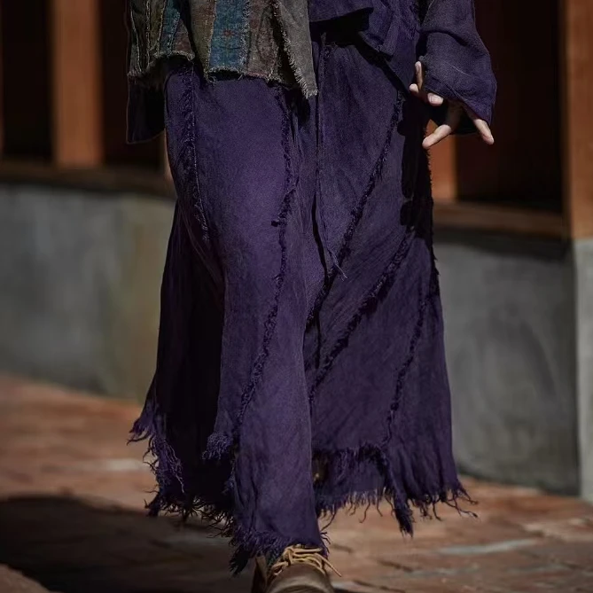 原创麻依者拼布做旧不规则下摆毛边褴褛腰裙2024秋1308【新款】