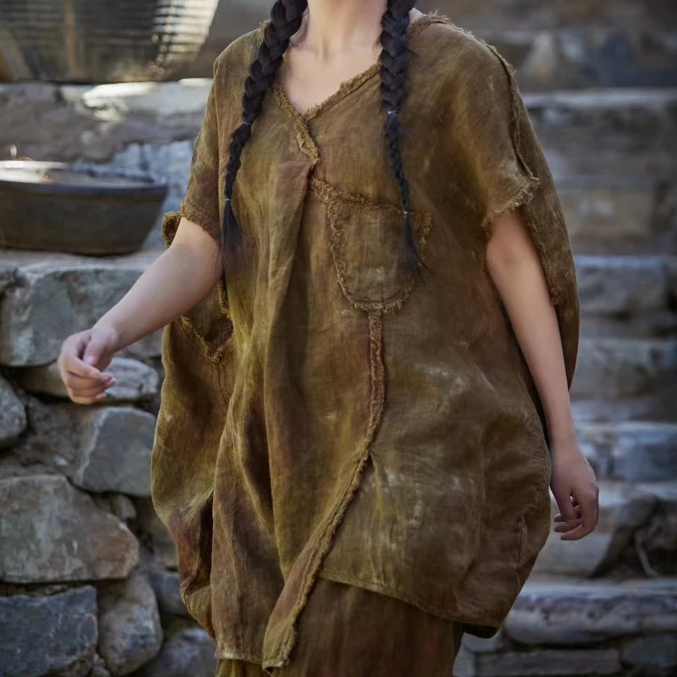 原创麻依者亚麻植物染做旧大坎长马甲2024夏1267【新款】