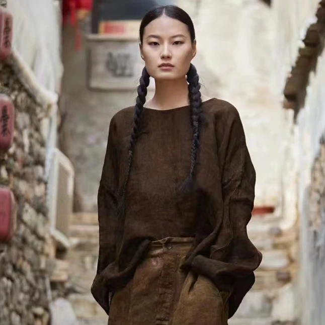 原创麻依者亚麻植物染斑驳做旧圆领套头上衣2024夏1255【新款】