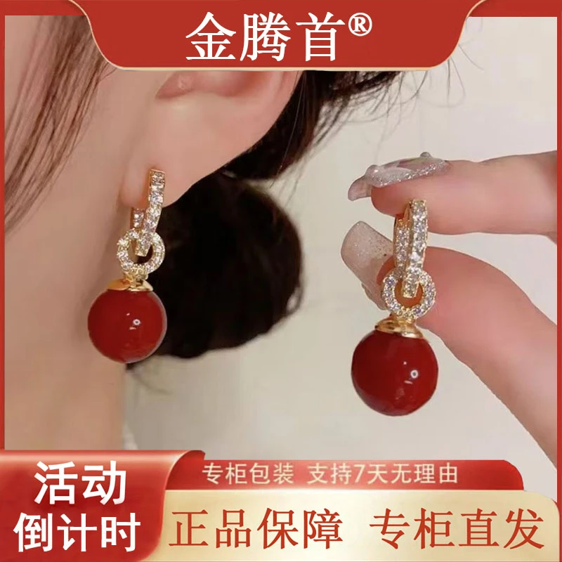 925银针爆闪红色珠珠耳扣女轻奢气质优雅高级感耳饰