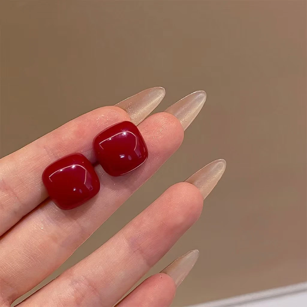 方形红耳钉女复古爱心酒红色耳环2024新款高级感-202