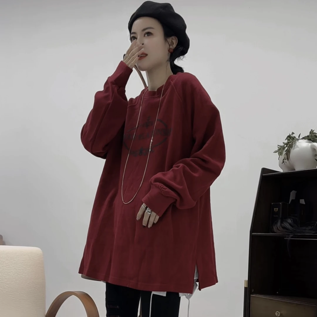 【芬芬姐精选】秋冬时尚新款休闲宽松磨毛印花加厚开衩百搭卫衣9990