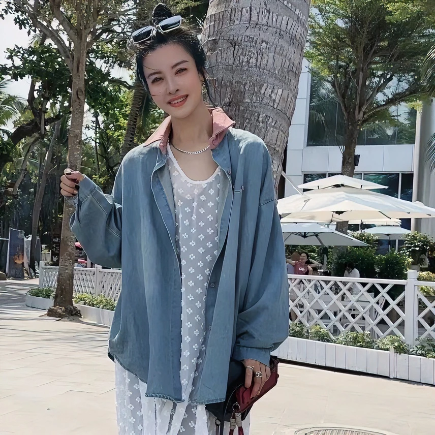 【芬芬姐精选】FFJ8813春季休闲时尚韩版新款拼色牛仔衬衫