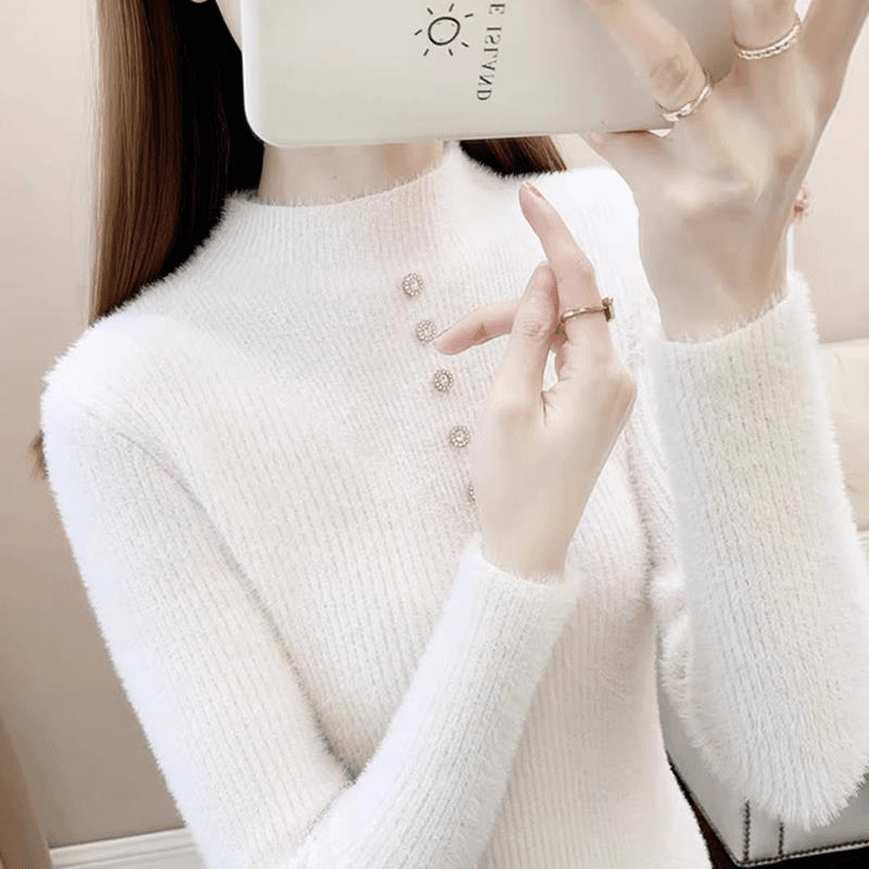 水貂绒修身显瘦毛衣女秋冬百搭钉珠上衣韩版针织衫时尚软糯打底衫