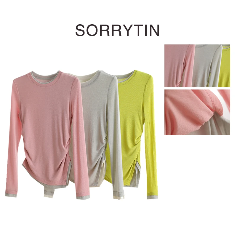 《曲线》思家高品质 定制早春款 特别显瘦 拼色不规则抽褶长袖T恤