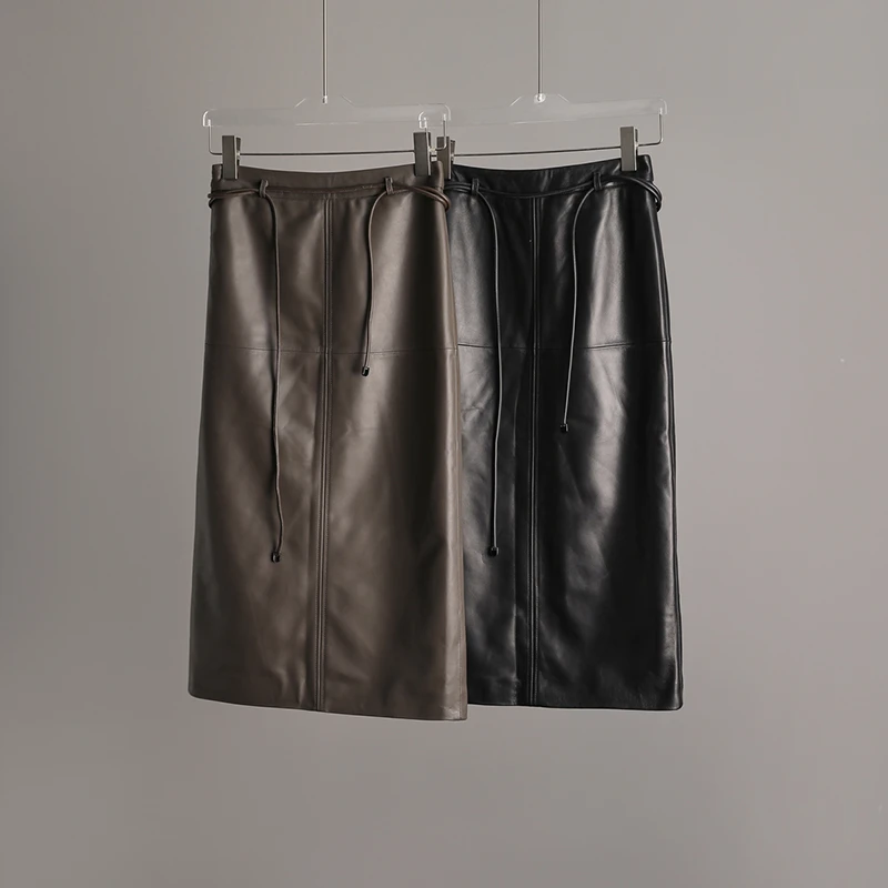 SORRYTIN 奢华光泽新西兰进口羊皮 复古系带中长款真皮半身裙