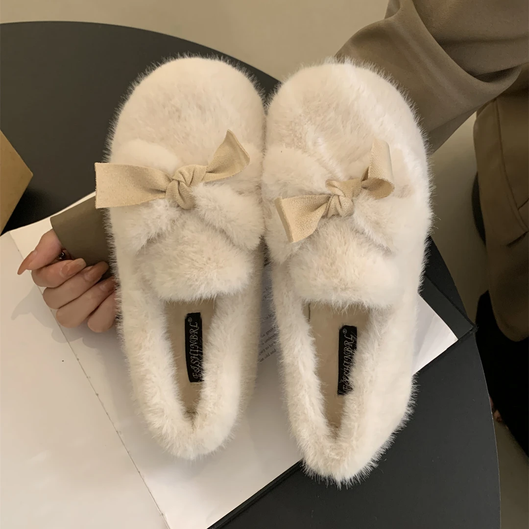 冬季豆豆鞋一脚蹬女加绒棉鞋2025新款蝴蝶结毛毛鞋女百搭厚底鞋