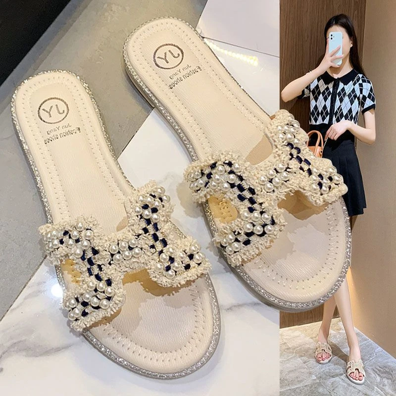小香风珍珠拖鞋外穿平底2025夏季新款网红爆款防滑一字拖仙女拖鞋