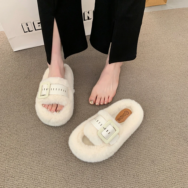 韩系设计感毛茸茸拖鞋女外穿ins风2025秋冬新款百搭平底防滑棉拖