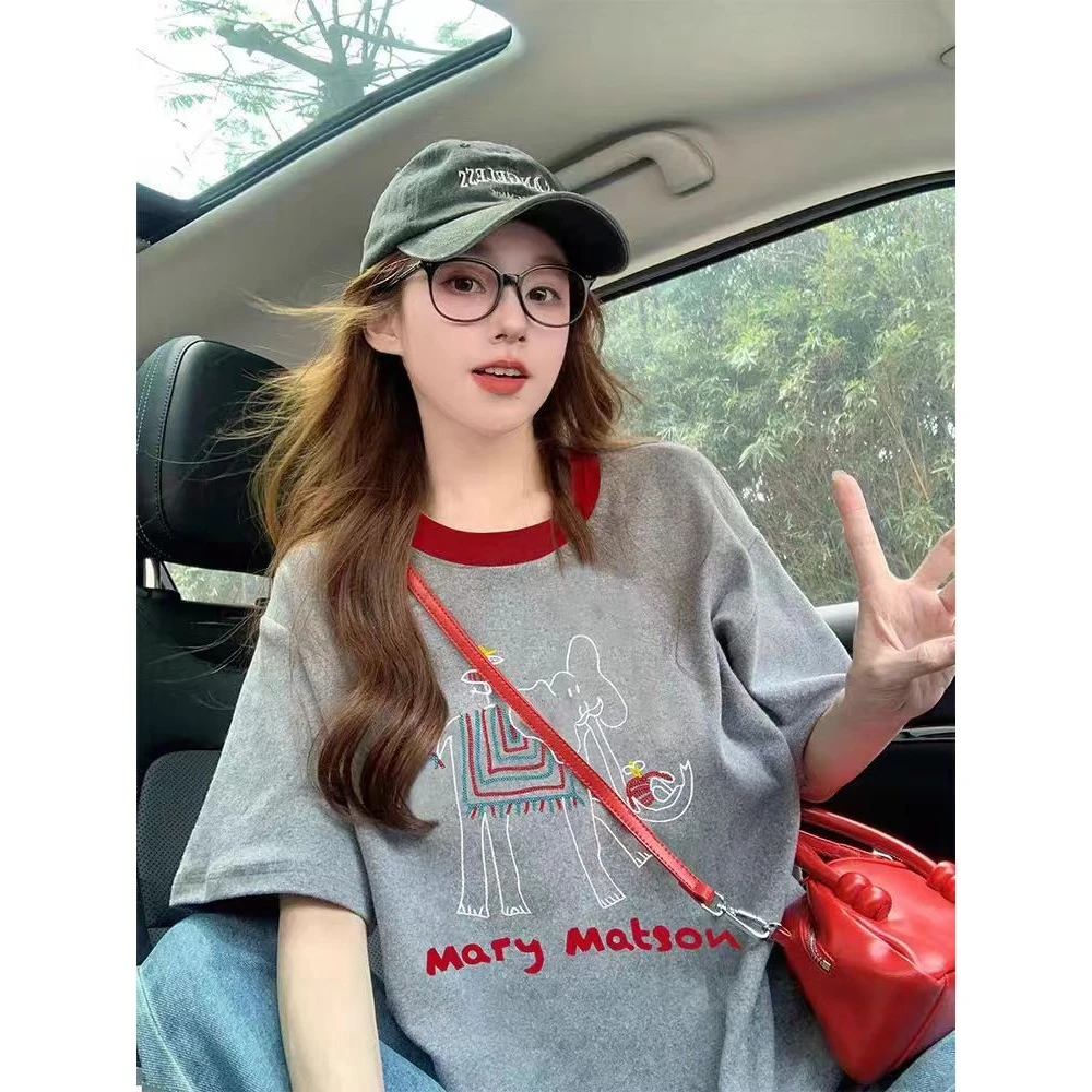 灰色大象短袖t恤女2025新款夏季撞色韩复古减龄宽松显瘦休闲8888