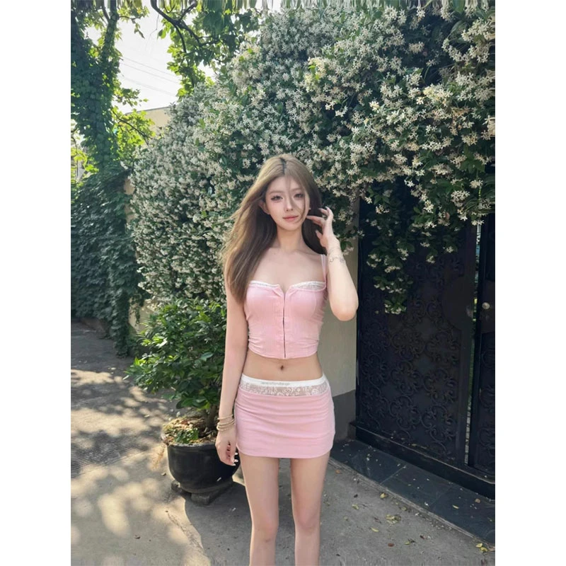 美式辣妹假两件性感吊带背心蕾丝边粉色超短裙套装女夏纯欲两件套