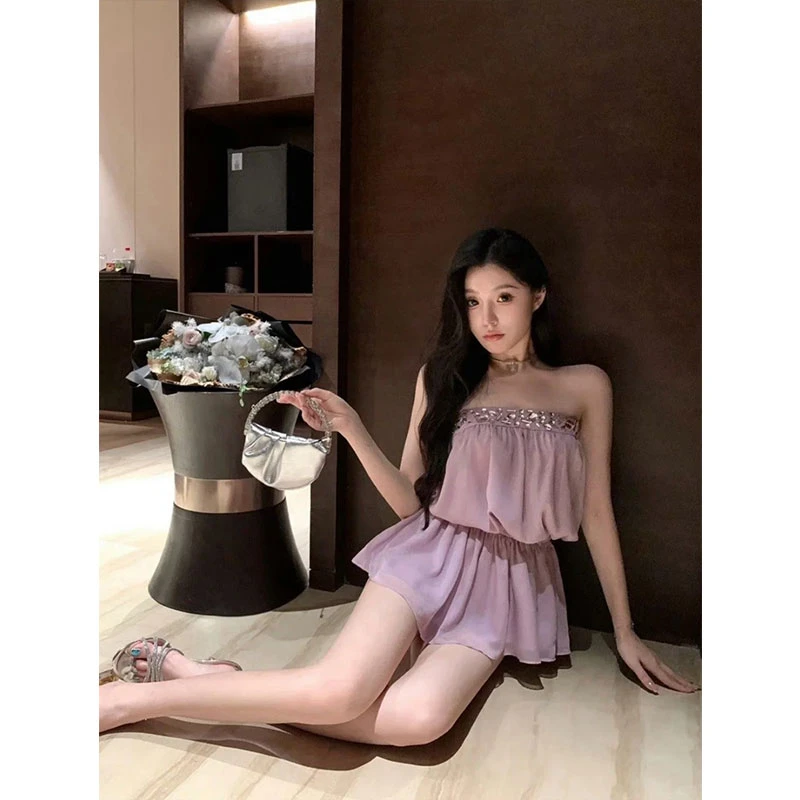 法式温柔风抹胸连衣裙女装夏季小个子短裙设计感无袖收腰a字裙子