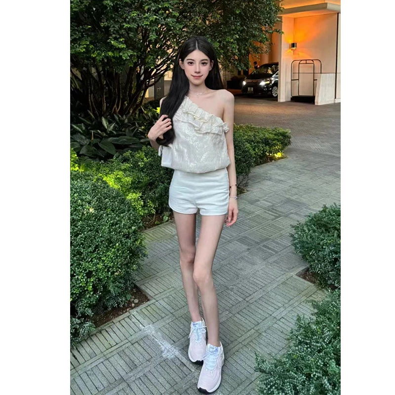 【闪闪白山茶】露肩无袖斜肩设计感荷叶边背心上衣百搭修身短款裤子