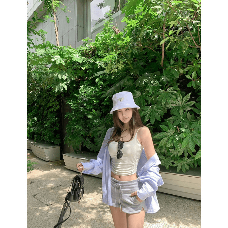 韩版polo领长袖衬衫宽松衬衣上衣内搭吊带背心百搭修身短裤三件套