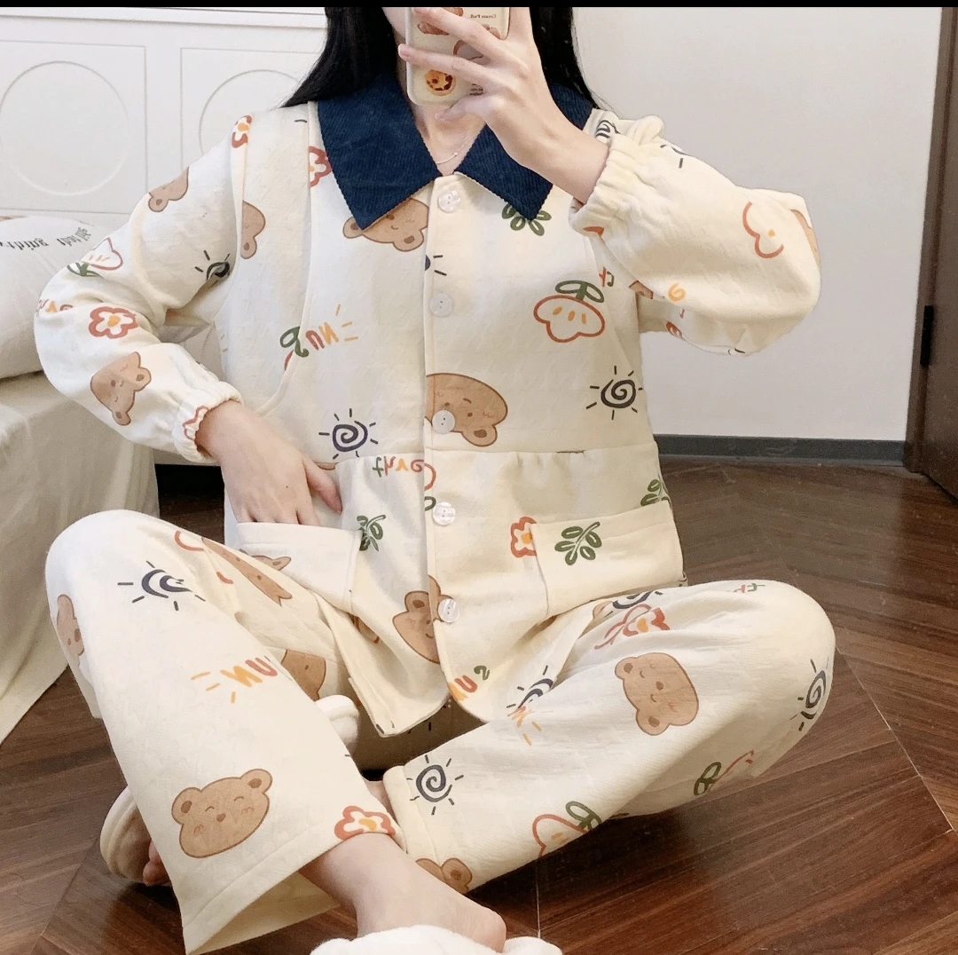 大码200斤300斤韩版阳光小熊秋冬月子服哺乳睡衣