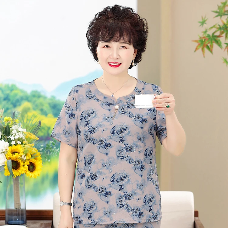 奶奶夏装短袖套装中老年人女薄款夏季老太太上衣服妈妈宽松两件套