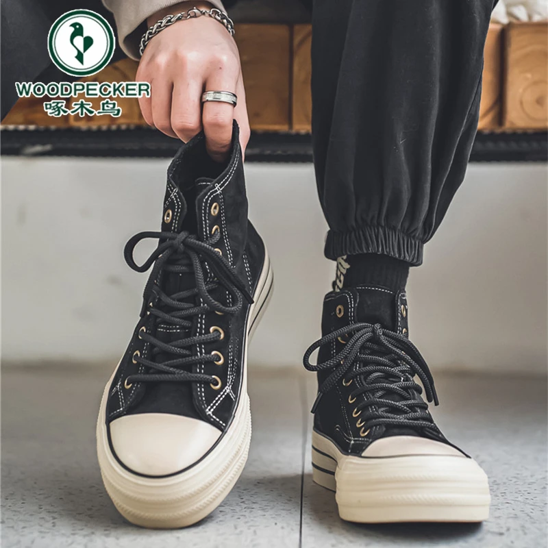 啄木鸟官方正品男鞋秋季黑色复古高帮帆布鞋中学生运动板鞋厚底男