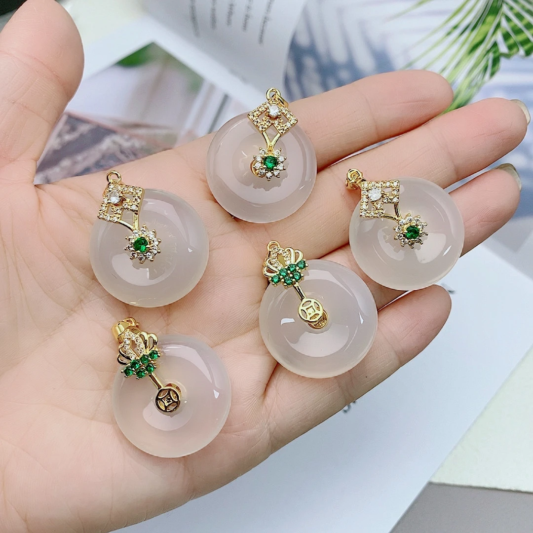 天然白冰玉髓玛瑙平安扣吊坠毛衣链项链玉坠复古风0132多样性发一