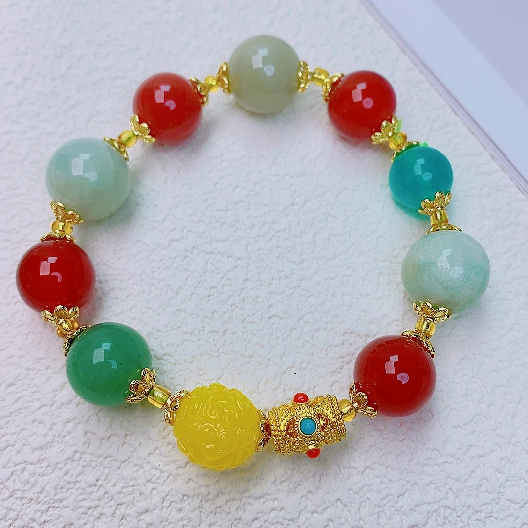 多宝玉石手链男女情侣款玉石手串新粉福利时尚百搭复古风手串0160