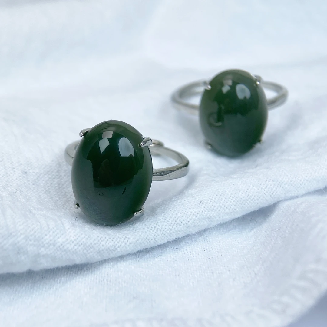清货！和田玉12*16大蛋面开口戒指简约大气复古绿色0097