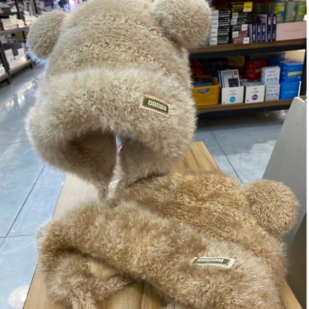 2024新款小熊帽子女士秋冬季保暖加厚防寒大头围显脸小针织毛线帽