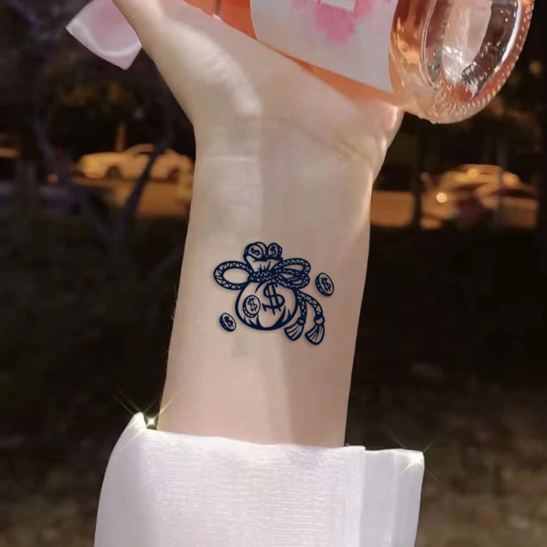 金钱袋子纹身贴草本半永久防水防搓可爱少女手腕反光逼真刺青贴纸